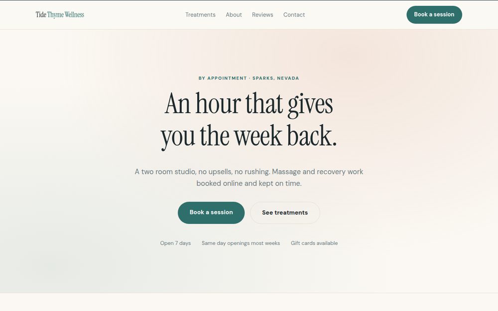 Coastline template preview: a light, editorial single page site for a wellness studio