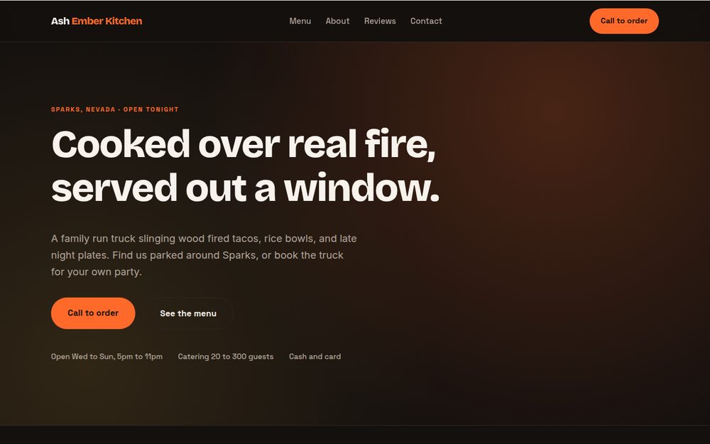 Ember template preview: a dark, warm single page site for a wood fired food truck